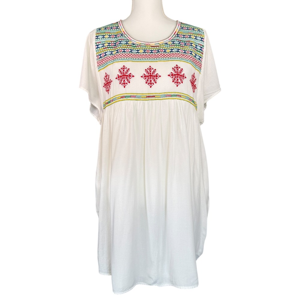 Entro White Embroidered Boho Babydoll Mini Dress Pockets L Large D12575